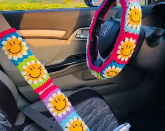 Steering Wheel Cover for women, Crochet cute kawaii Strawberry flower seat belt Cover, Car Accessories decorations