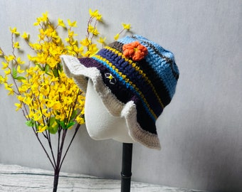 Crochet Hat, Cute colorful stripe flower bucket Hat, Handmade Knitted Hat