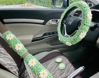 Handmade crochet Steering Wheel Cover for women, cute daisy flower seat belt Cover, Car interior Accessories decorations