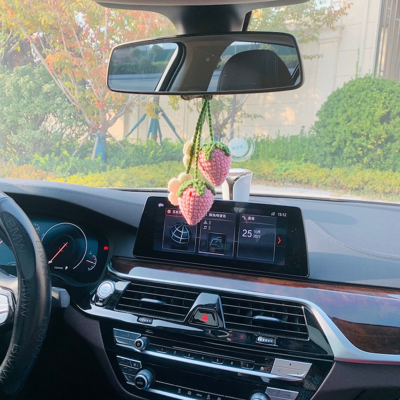 2 Pcs cute Strawberry Flower Car Accessories Mirror Hanging Charm Fruit Decor Teens Interior Rear View Mirror for Women 