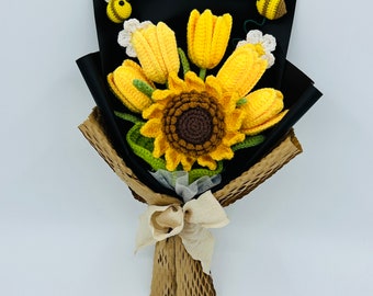 Crochet Flower Bouquet Artificial Sunflower Tulip bee Faux Flower Decoration ornaments, Yellow Anniversary Handmade knitted Gift for her