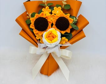 Handmade Crochet Sunflower Rose Bouquet, Orange Knitted Flowers with Forget Me Not and Eucalyptus, Forever Flower Gift