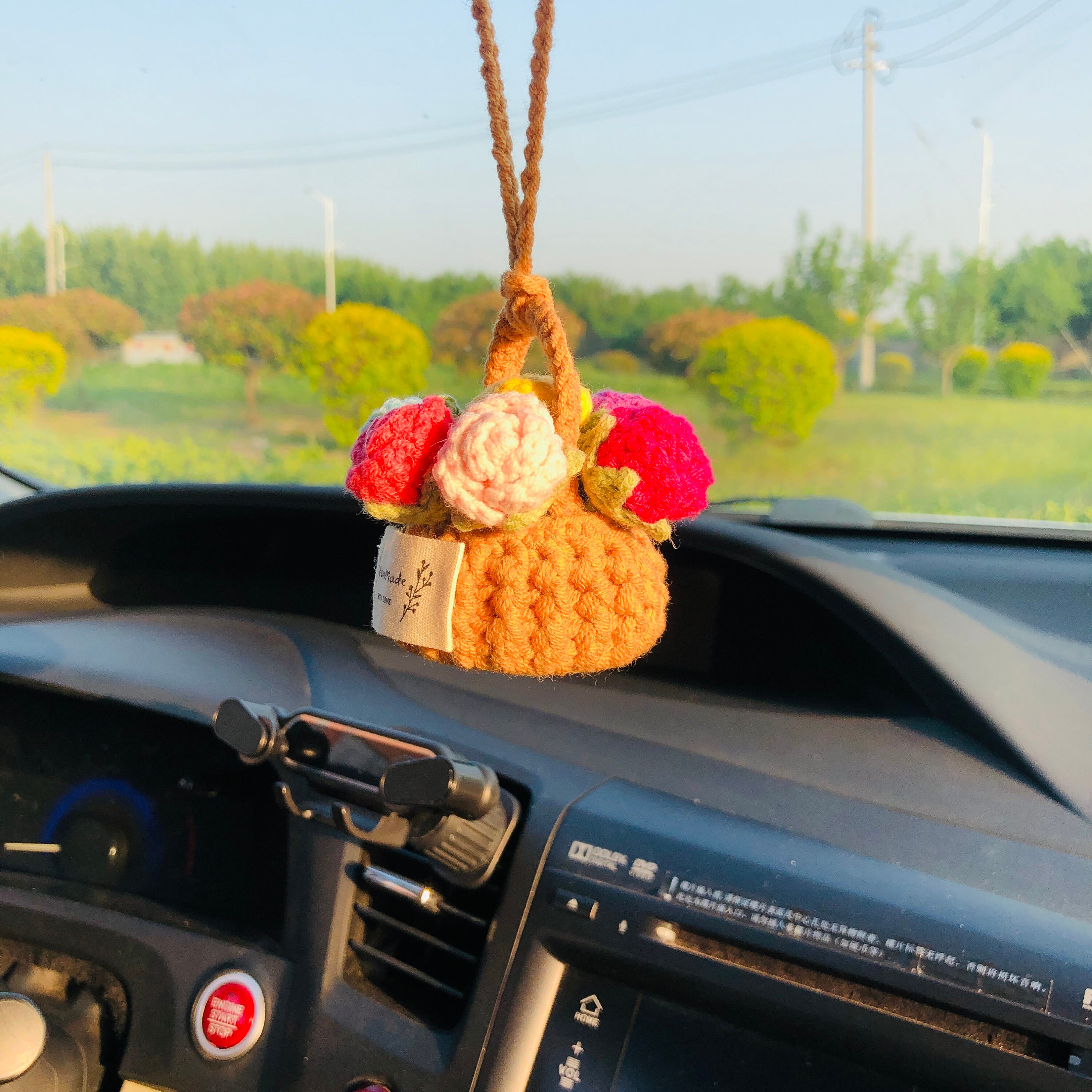 Daisy Handmade Crochet Car Ornament - Boho Basket Charm