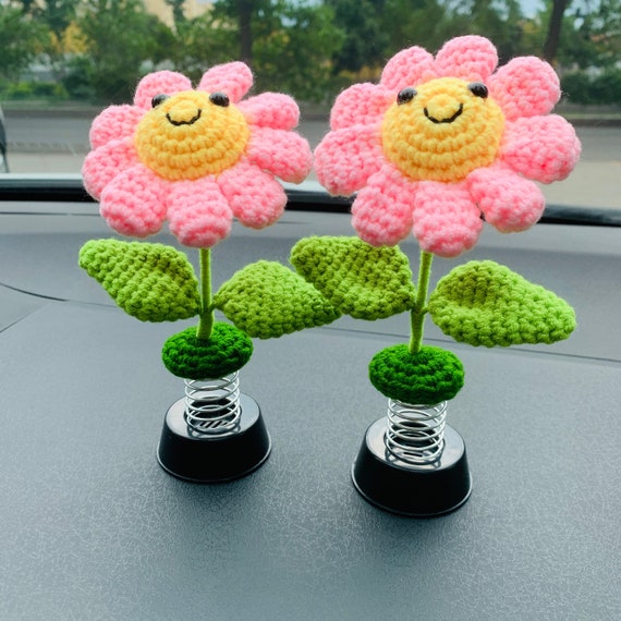 Crochet Sunflower Car Accessories Smiley Shaking Head Pink Flower Beetle  Decor Dashboard Decorations -  Canada