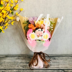 Crochet flowers, pink rose cow, cute A bunch of flower Anniversary bouquet Gift for her Knitted flower ornaments