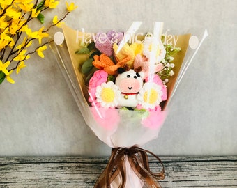 Flores de crochet, vaca rosa rosa, lindo Un ramo de flores Ramo de aniversario Regalo para ella Adornos de flores de punto