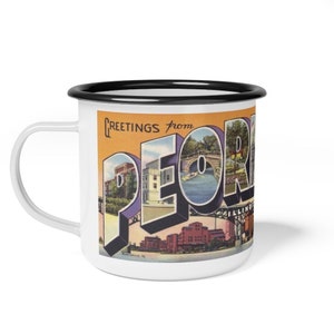 Salutations de Peoria Illinois vintage Postcard Campfire Mug