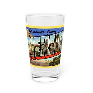 Saluti da Riverside, California CA Pint Glass ~ Design di cartolina di grandi lettere restaurato digitalmente
