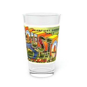 Salutations de Houston, Texas TX Pint Glass ~ Conception de carte postale de grande lettre restaurée numériquement