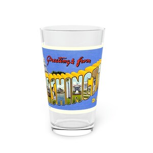 Saudações de Washington, DC Pint Glass ~ Restaurado Curt Teich Design de cartão postal com letras grandes