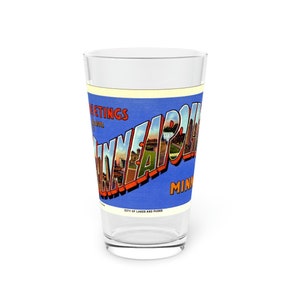 Minneapolis, MN Pint Glass ~ Historic 'Greetings from' vintage Large Letter Postcard Design