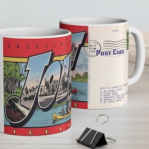 Cumprimentos de Joliet Illinois - caneca de café do cartão do vintage, com selo e carimbo postal!