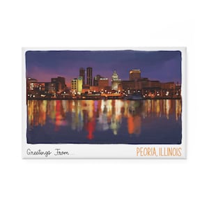 Peoria Skyline Metalen Koelkast Magneet ~ Lokale Kunstenaar, Origineel Schilderij, Peoria Illinois