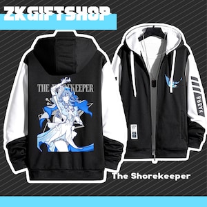 May include: Black and white zippered hoodie with a blue and white graphic print of a female character on the back. The text "The Shorekeeper" is printed on the front of the hoodie.