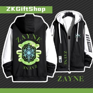 May include: Black and white zip-up hoodie with a green and blue snowflake design on the back. The hoodie has the word "ZAYNE" printed on the back and front. The hoodie has white sleeves and black and white stripes on the right sleeve.