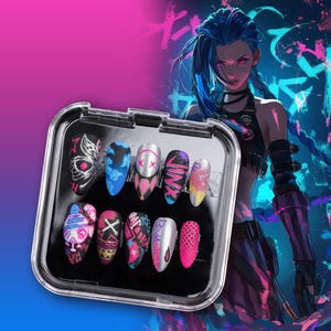 Arcane: League of Legends Jinx Press-On Nails-Graffiti Skull Neon Art-Long-Lasting Reusable Fake Nails for Cosplay Halloween Themed Parties