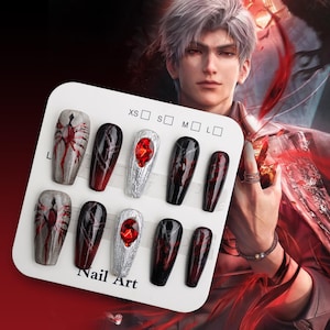 Love and Deepspace Sylus Dark Cosmos Press - On Nails - Obsidian Black Crimson Veins - 3D Gothic Nail Art with Ruby Gems