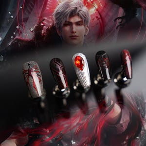 Love and Deepspace Sylus Dark Cosmos Press - On Nails - Obsidian Black Crimson Veins - 3D Gothic Nail Art with Ruby Gems