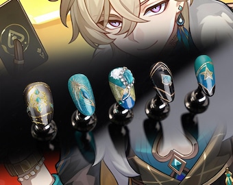 Honkai Star Rail Aventurine Press-On Nails: Celestial Gem Accents, Hand-Painted Cosplay Nail Art