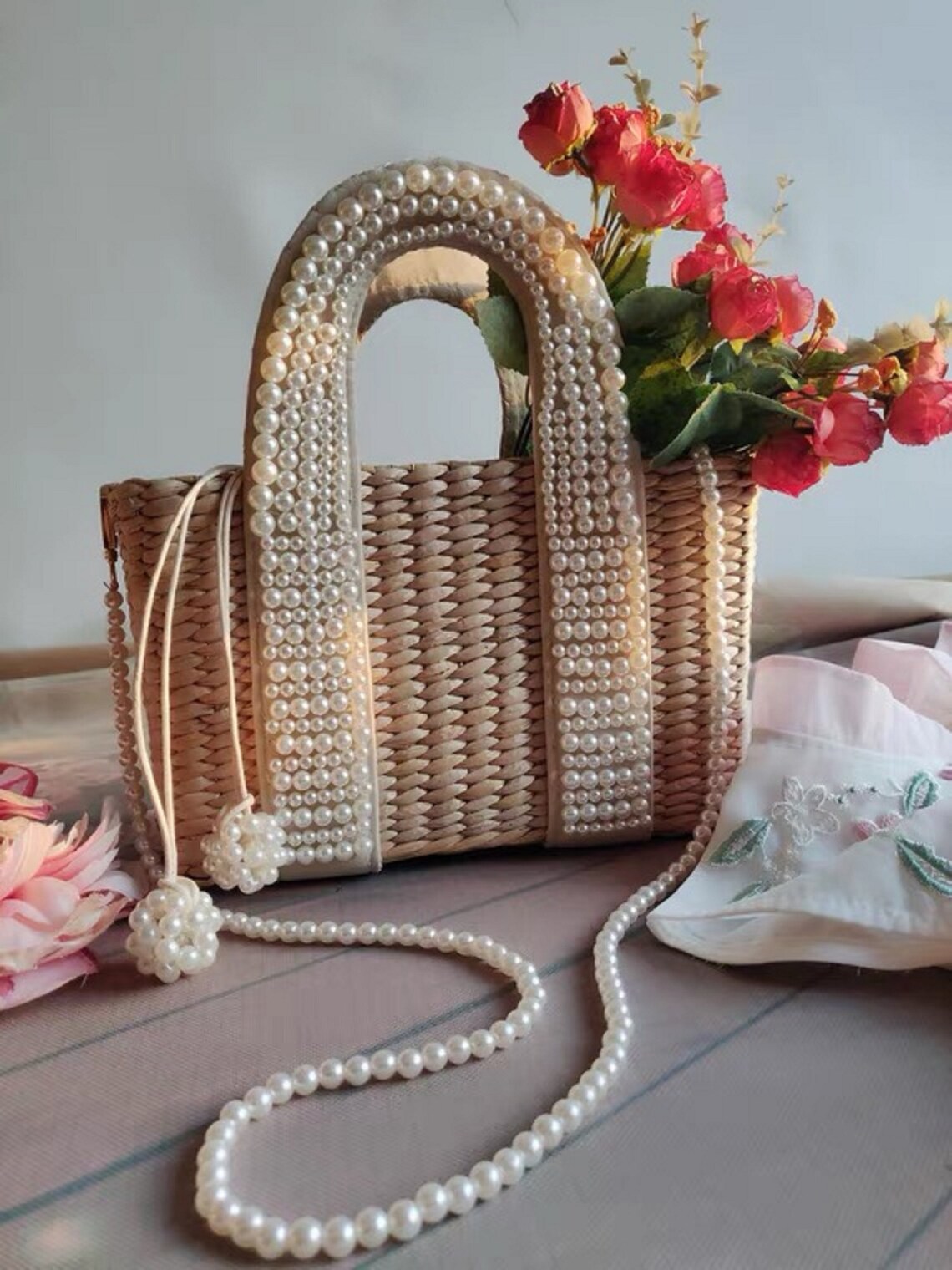Handmade Straw BagPearl HandbagShoulder BagCrossbody Etsy