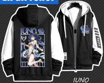 May include: Black zip-up hoodie with white sleeves featuring a character graphic and the word "IUNO". The back of the hoodie displays a character illustration with the name "IUNO". The top of the image reads "ZK GIFTSHOP".