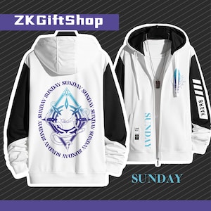 Könnte beinhalten: Weißer Kapuzenpullover mit Reißverschluss und schwarzen Ärmeln sowie einem grafischen Design auf der Vorderseite. Das Design zeigt eine Diamantform mit einem Schwert und einer Schlange darin. Die Worte "SUNDAY" werden um den Diamanten herum wiederholt. Der Hoodie hat auch das Wort "SUNDAY" auf dem rechten Ärmel gedruckt.