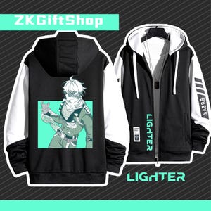 May include: Black and white hooded sweatshirt with a green and white graphic print of a character with a bandana and a spiked collar. The text "LIGHTER" is printed on the front and back of the sweatshirt.