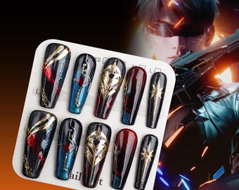 Love and Deepspace Caleb's Mecha Armor Press-On Nails - 3D Cyberpunk Nail Art - Electric Blue & Molten Red Accents -nail stencils