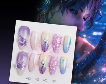 Rafayel Mermaid Press-On Nails: Pearl Scale Lavender Ombre Anime Nail Art