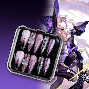 May include: A set of ten long, almond-shaped false nails in a clear plastic case. The nails feature a variety of designs, including light pink and purple gradients, silver swirls, and decorative embellishments. The background features a purple gradient and a cartoon illustration.