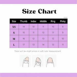 May include: A size chart for rings, showing measurements in millimeters for thumb, index, middle, ring, and pinky fingers. The chart includes sizes XS, S, M, and L. The chart is on a light purple background.