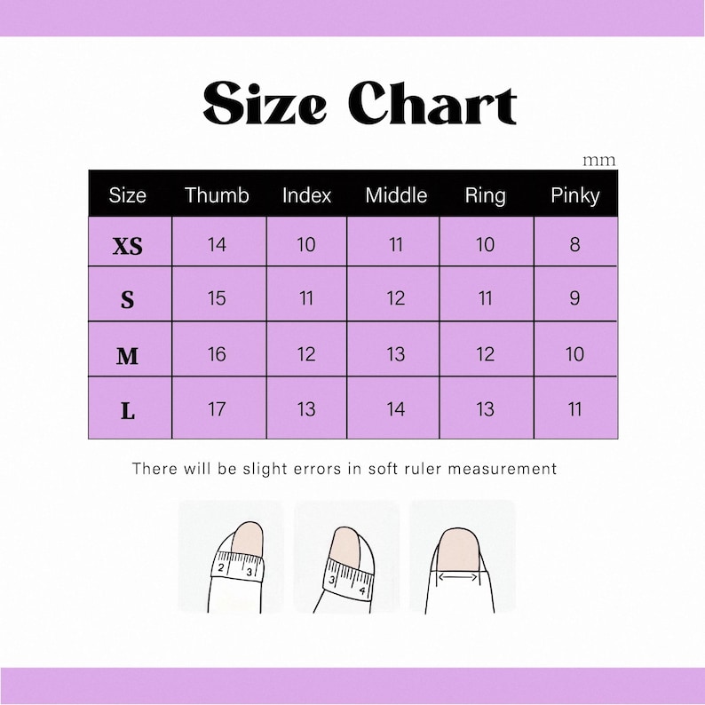 May include: A size chart for rings, showing measurements in millimeters for thumb, index, middle, ring, and pinky fingers. The chart includes sizes XS, S, M, and L. The chart is on a light purple background.