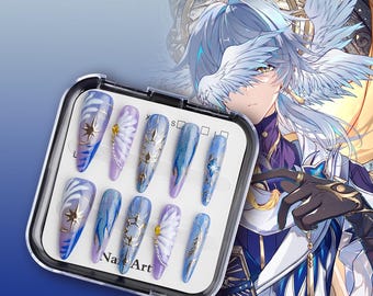 Honkai Star Rail Sunday Press-On Nails: Hand-Painted Celestial Gem Nail Art