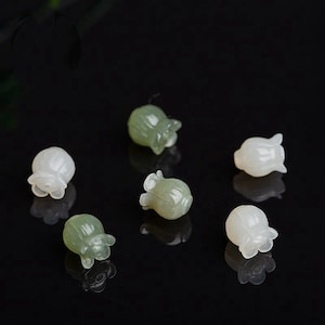 2 pcs Natural Green / White jade carving beads, flower jade beads hand made jade beads Lily of the Valley 108.5mm beading supplies image 1