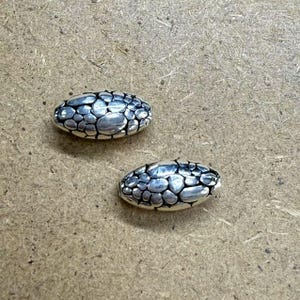 May include: Two silver oval-shaped beads with a textured surface that resembles scales.
