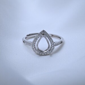 Sterling Silver Teardrop Halo Ring Setting, Adjustable Pear Prong Blank 4x6-6x8mm