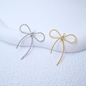 14K Gold Plated Bow Charm, Dainty Ribbon Pendant, Textured Diamond Cut Bowknot for DIY Earring Necklace (30x33mm)