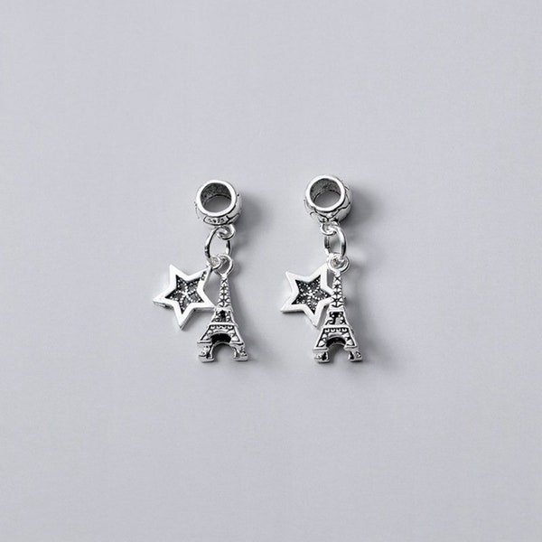 Sterling Silver Star & Eiffel Tower Charm Pendant, Celestial Bracelet, Travel Necklace, French Earring, Landmark Jewelry, Paris Charm