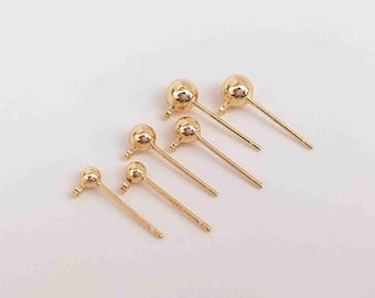 5pairs 14K Gold Plated Round Ball Earring Posts w/ Loop, Gold Tone Earring Post Ear Stud no Stopper, Round Ear Stud, Round Earring Post