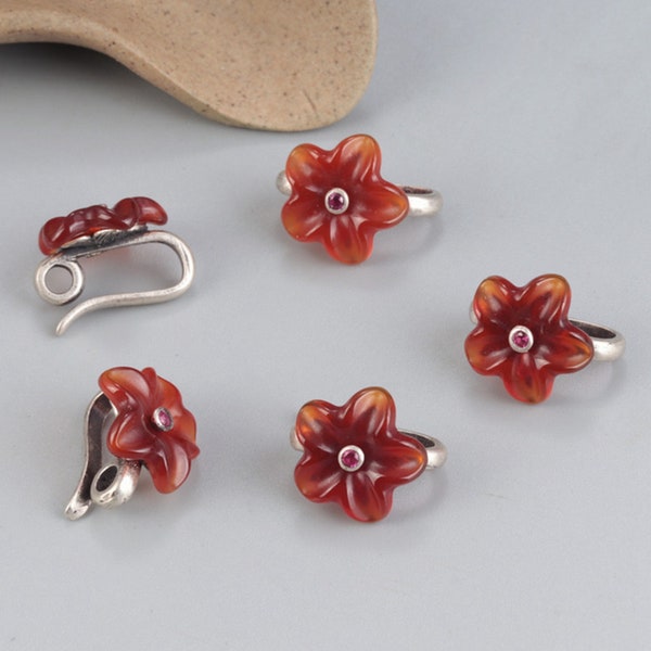 Sterling Silver Daisy Flower S Clasp w/ Red Agate Inlaid, Sterling S Clasp, Flower Clasp,Blossom Clasp Connector,Floral Hook Clasp wholesale