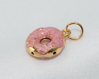 Gold Plated Sterling Silver Pink Enamel Donut Charm