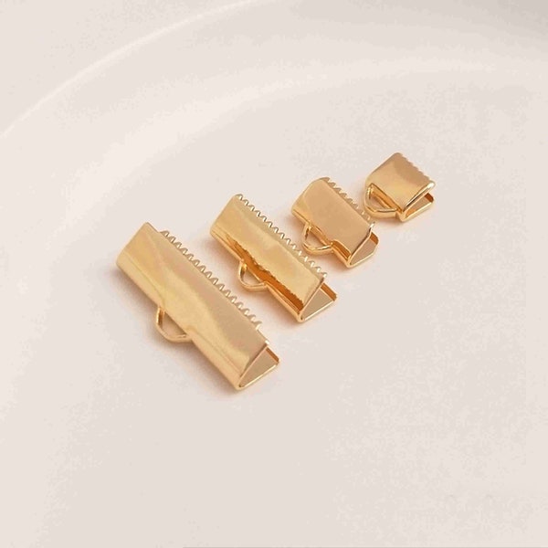 14K Gold Plated Crimp Ends for 6.9-20mm Ribbons, Ribbon Crimp Ends Fasteners Clasp Ribbon Crimps glossy  woven pattern Ribbon Clasps