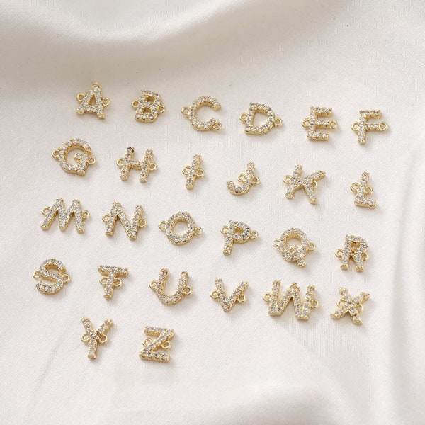 14K Gold Plated CZ Alphabet Connector Charm, Gold Tone Zircon Letter Necklace Charm, Gold Tone Letter Earring Charm, Jewelry Making Supplies