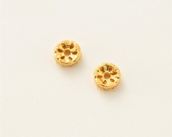 Gold Plated Sterling Silver Wheel Bead, CZ Zircon Donut Spacer, 7mm