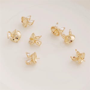 14K Gold Plated CZ Pave Zircon Rabbit Ear Pinch Bails With Peg for Half Drilled Beads, Pendant Setting With Loop, 10mm Pearl Holder