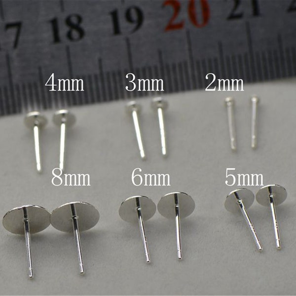 Sterling Silver Earring Posts w/ Flat Pad 2mm 3mm 4mm 5mm 6mm 8mm, 925 Silver Earring Post Ear Stud no Stopper, Flat Pad Earring Component