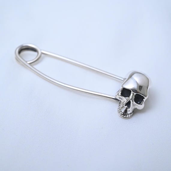 Sterling Silver Skull Safety Pin Pendant, Punk Brooch (51mm) - Etsy