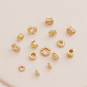 14K Gold Plated Brass CZ Tube Bead, Pony Bead, Zircon Bead, Large Hole Bead, Ring Bead, Gear Bead, Donut Bead, Bracelet Spacer, Boho Bead