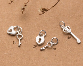 Sterling Silver Key and Lock Charms, Love Heart Lock, 925 Silver Key Lock Charms, Bracelet Charm, Necklace Charm