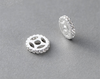 Sterling Silver CZ Pave Coin Bead, Bracelet Spacer, 10mm